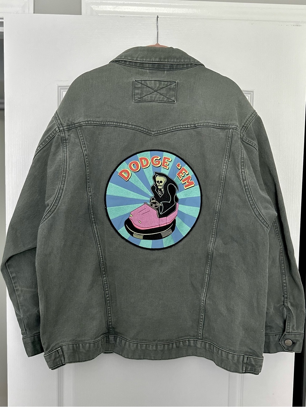 ASOS DIY Muted Green Vintage Wash Denim Jacket with Back Patch Design - Picture 6 of 8
